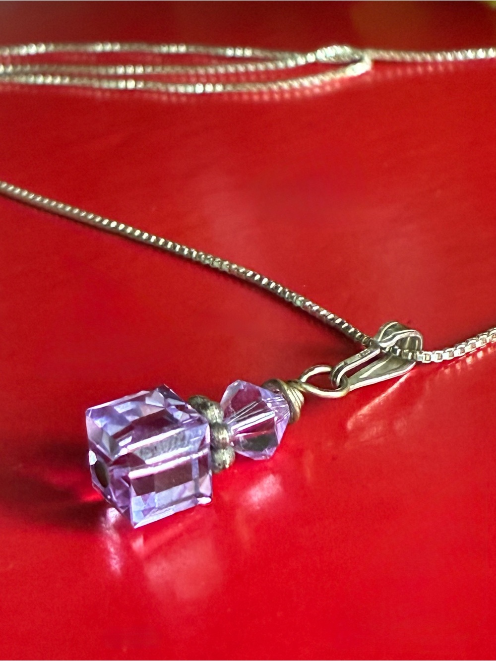 925 Silver Necklace,Elegant Purple Crystal Cube Pendant on Silver Chain Necklace - Picture 6 of 7